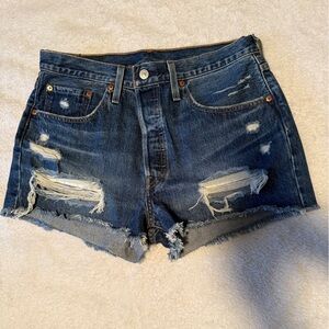 Levi's Dark Blue Distressed Denim Cutoff Shorts